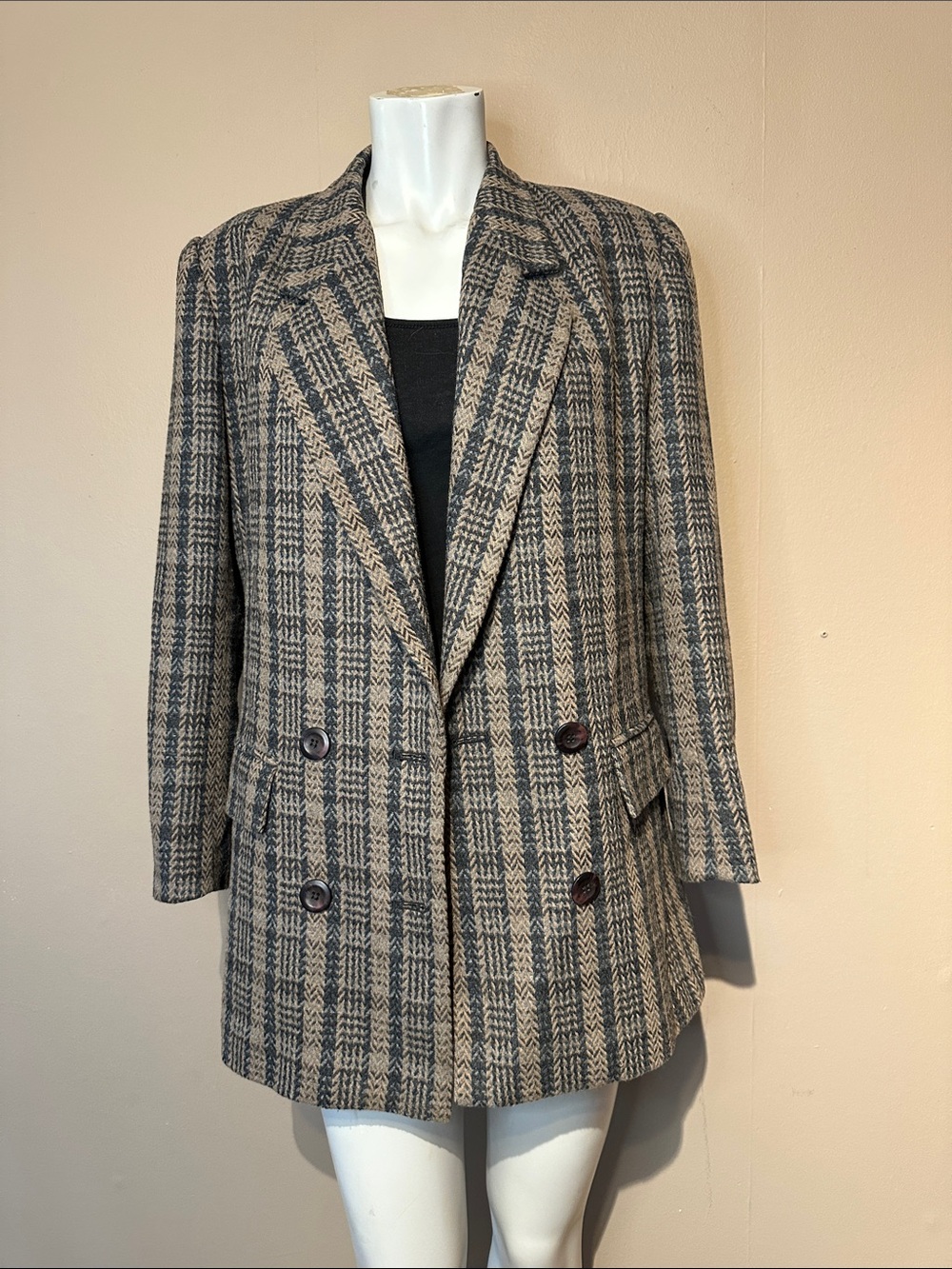 Women' Sasson wool houndstooth vintage Plaid Double-Breasted Blazer  1980s